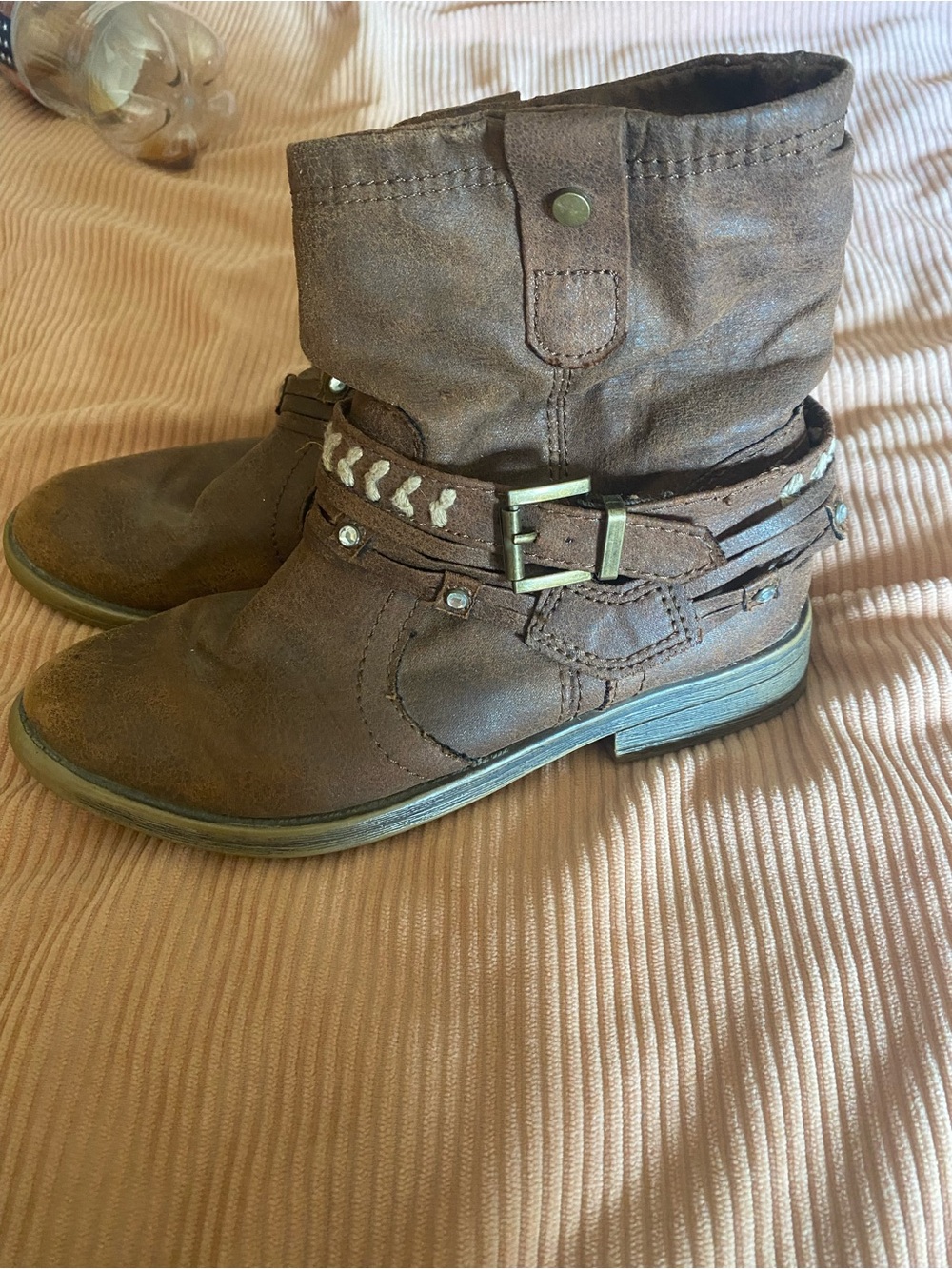 Justice Girls Brown Western Boho Slouchy Booties, Studded Straps Size 13